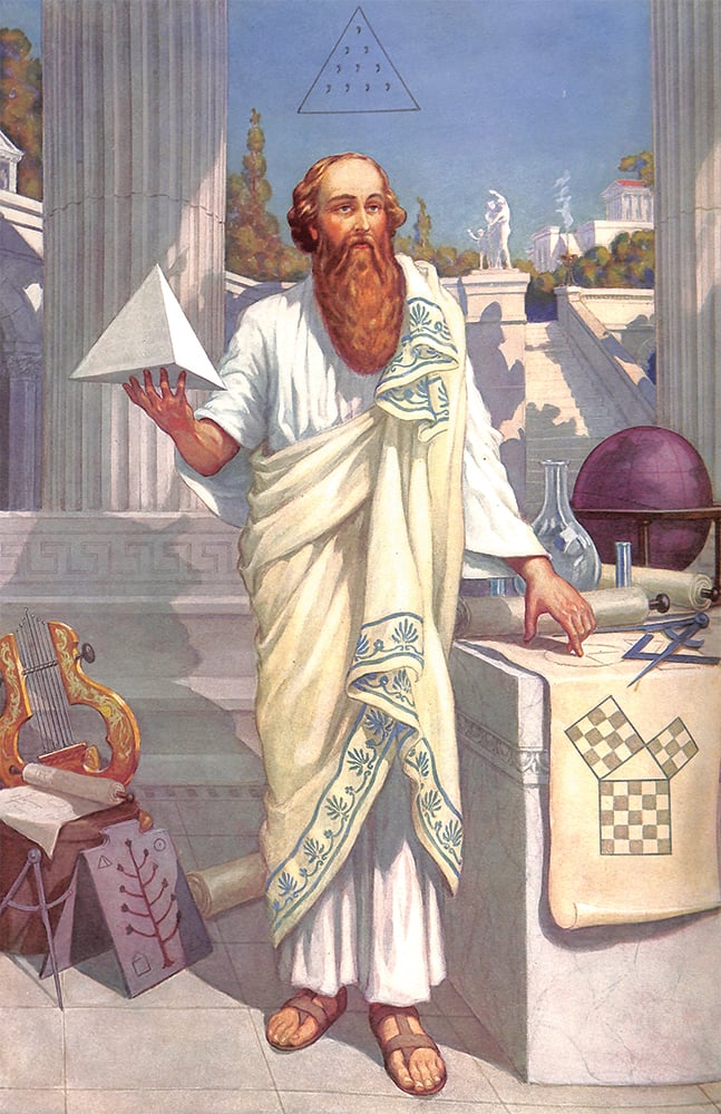 Pitagoras z Krotony, ilustracja z książki "The Secret Teachings of All Ages" Manly P. Hall – Widoczny jest tu m.in. tetraktys
